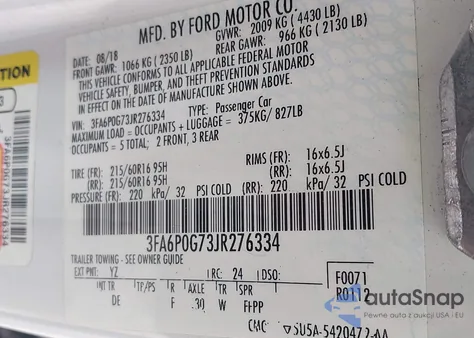 2018 Ford Fusion S из США, поврежденный, VIN 3FA6P0G73JR276334